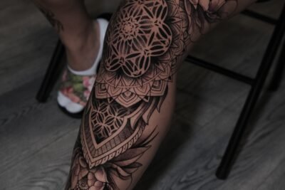 double peony and knee mandala tattoo
