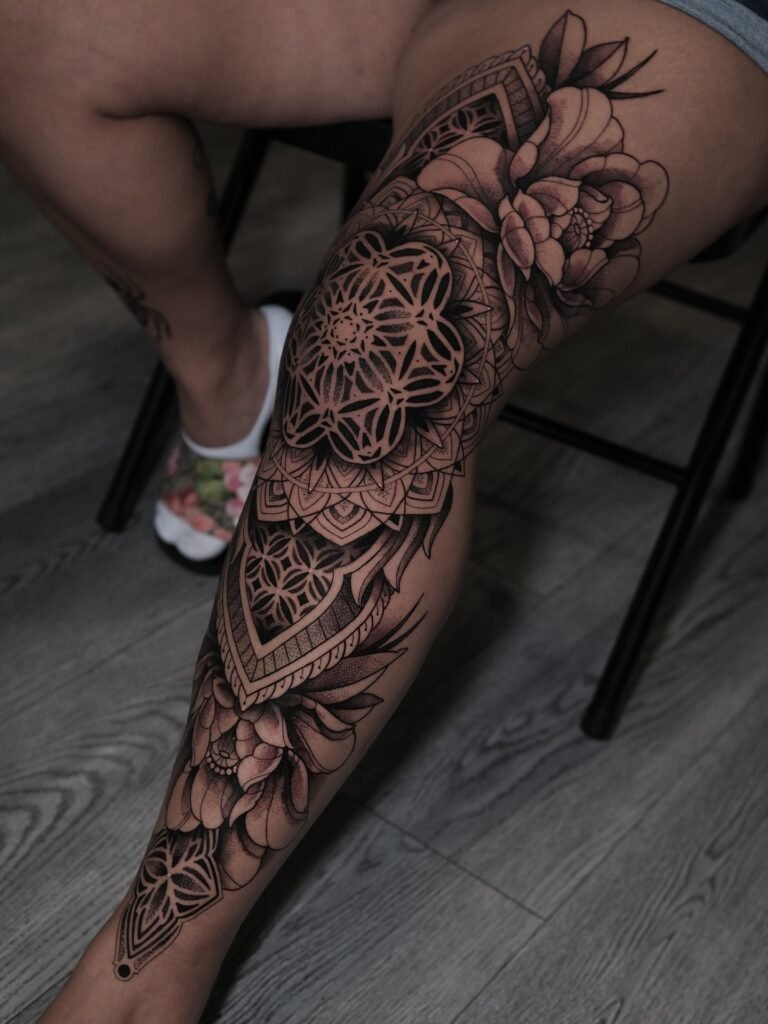 double peony and knee mandala tattoo