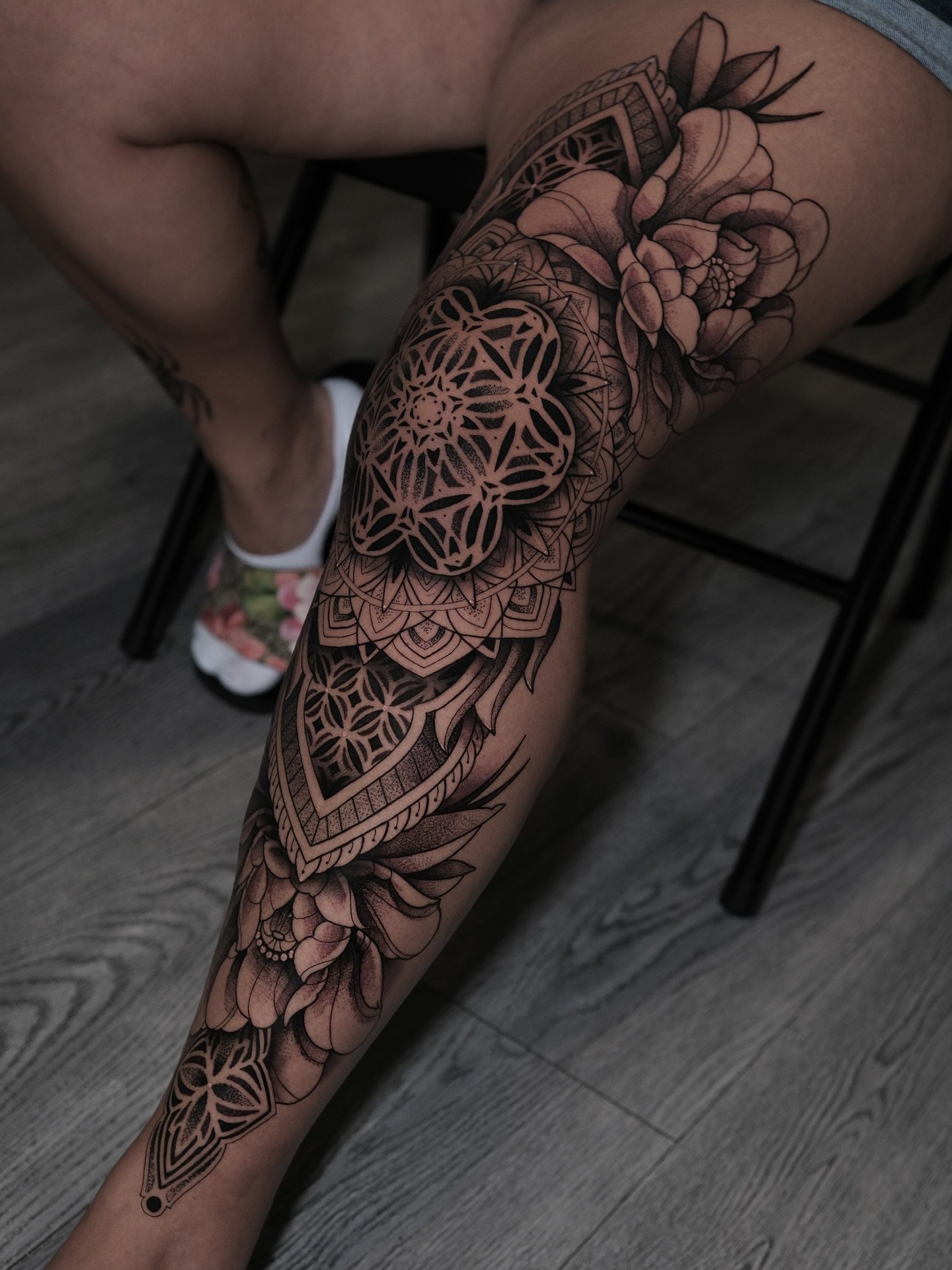 double peony and knee mandala tattoo